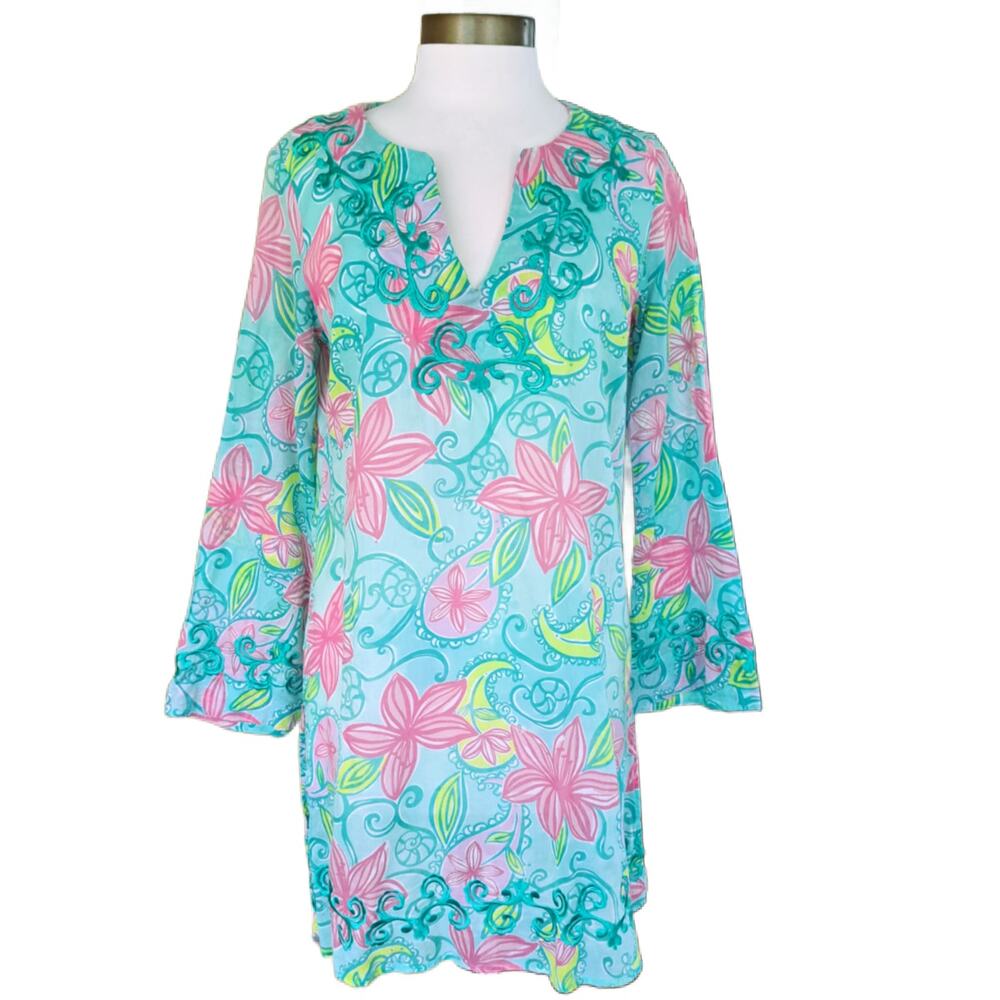 Lilly Pulitzer Lazy Paisley Embroidered Tunic Cover Up Aqua Pink White Label